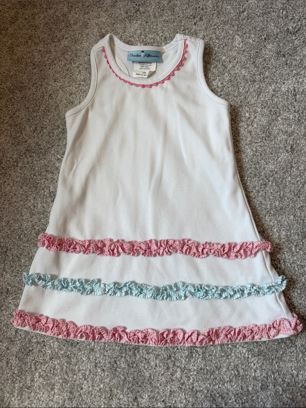 Sundae Afternoon White Sleeveless Dress with Pink & Blue Trim - 12M